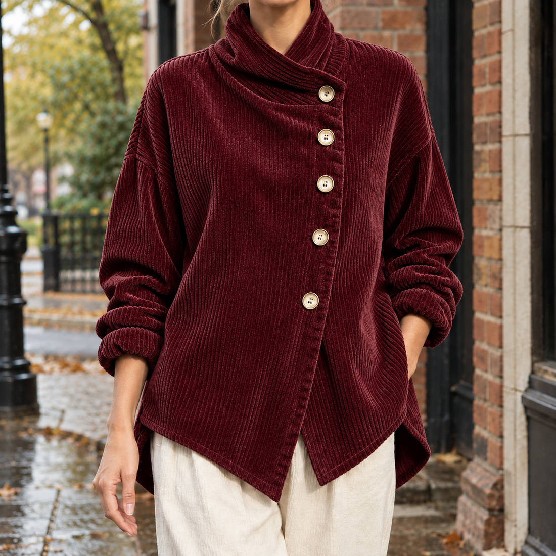 Desiree-Pearl Asymmetric Jacket - Wine Red