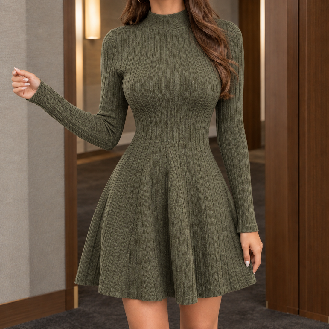 Arwen-Skye Ribbed A-Line Dress - Military Green