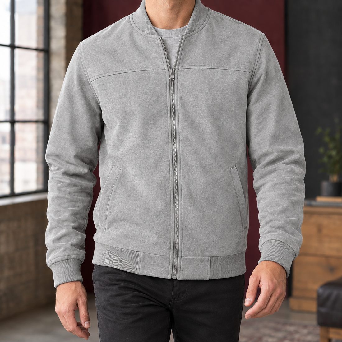 Norbert Suede Bomber Jacket - Blue Gray