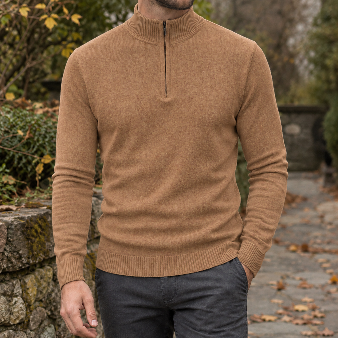 Caspian-Grey Half Zip Sweater - Caramel Brown