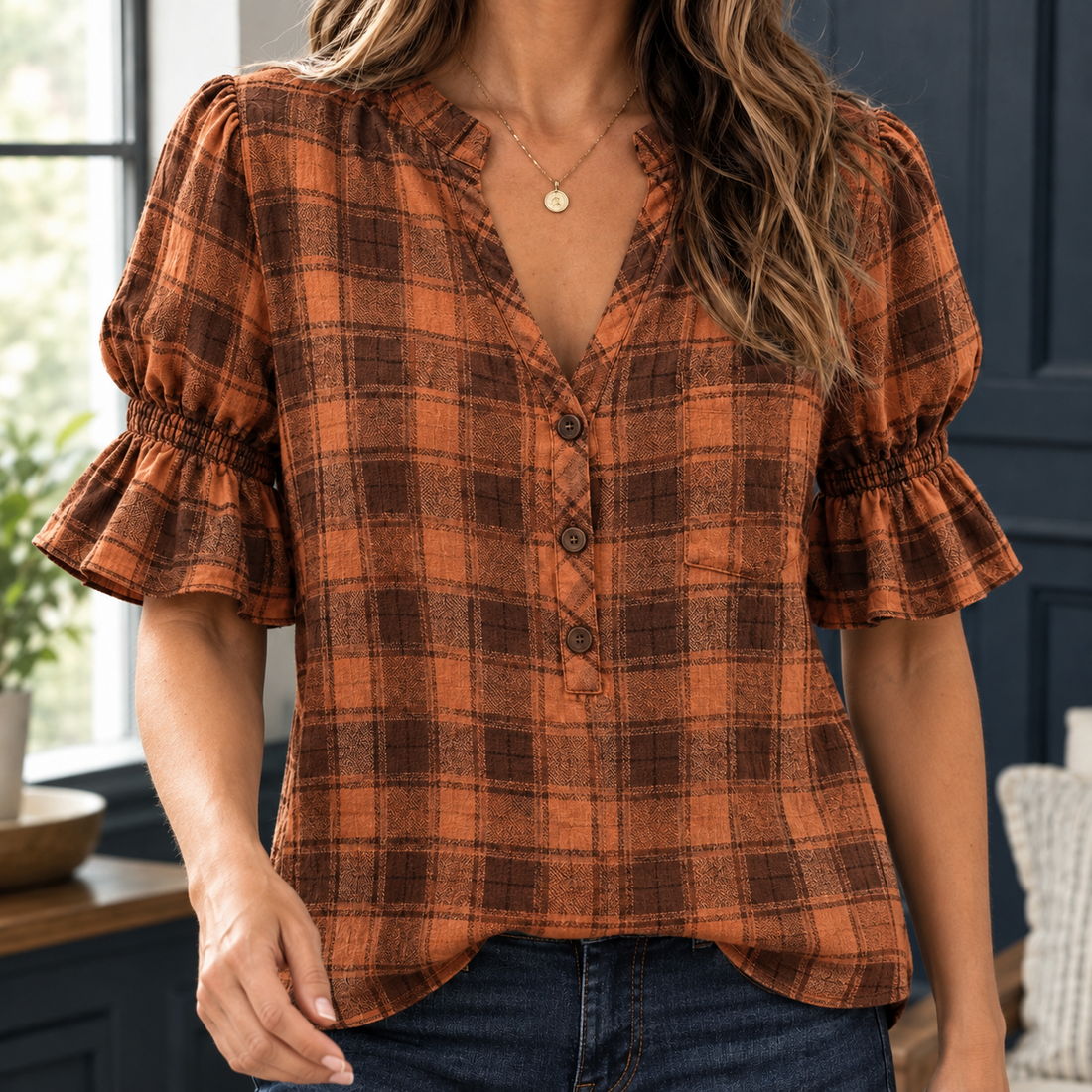 Arabelle-Rose Plaid Blouse - Rust Plaid