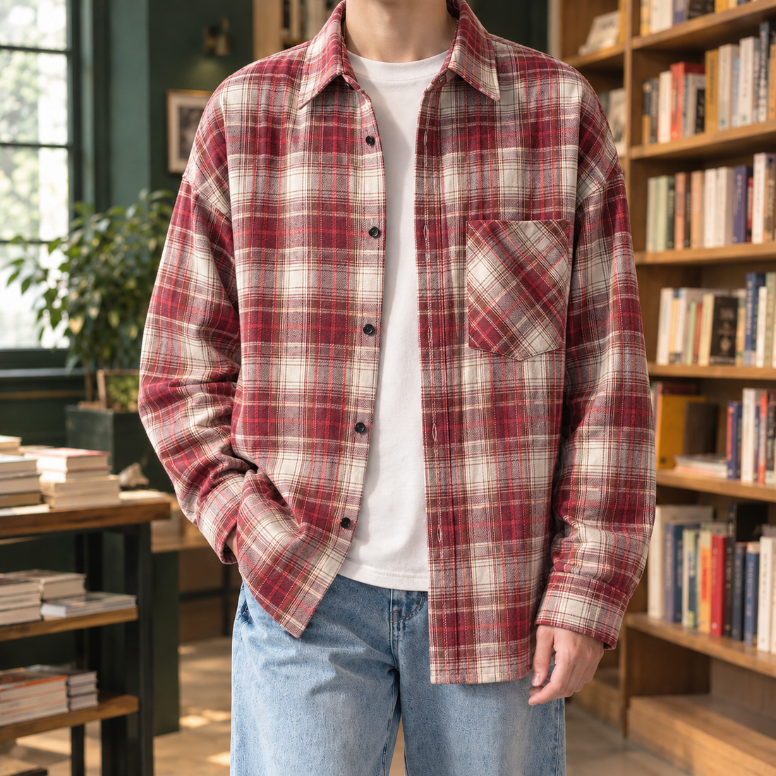 Daniel Relaxed Overshirt - Plaid Matching Red