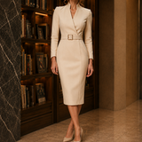 Rosalie Belted Midi Dress - Beige