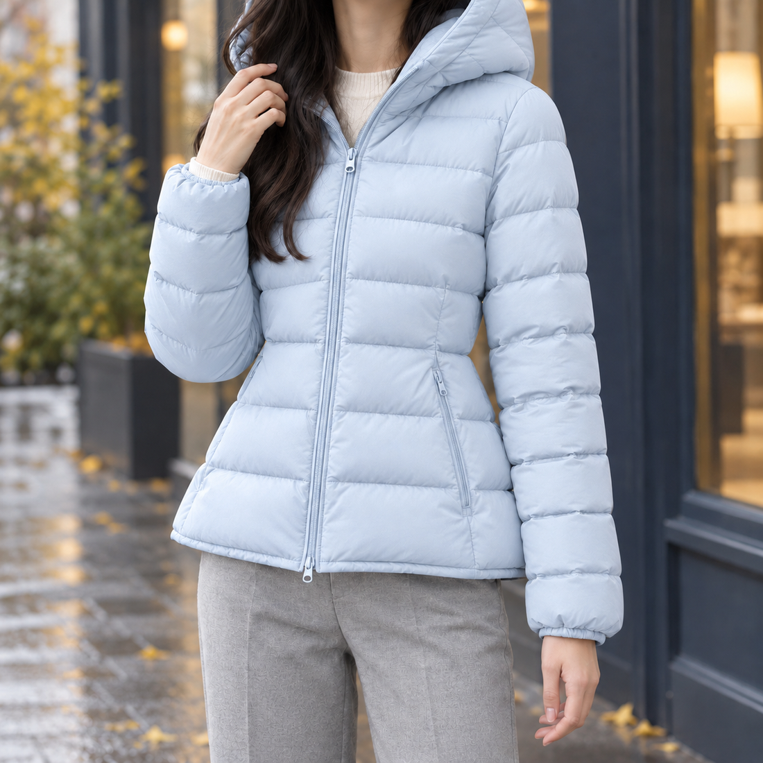 Carina-Pearl Cinched Puffer Jacket - Baby Blue