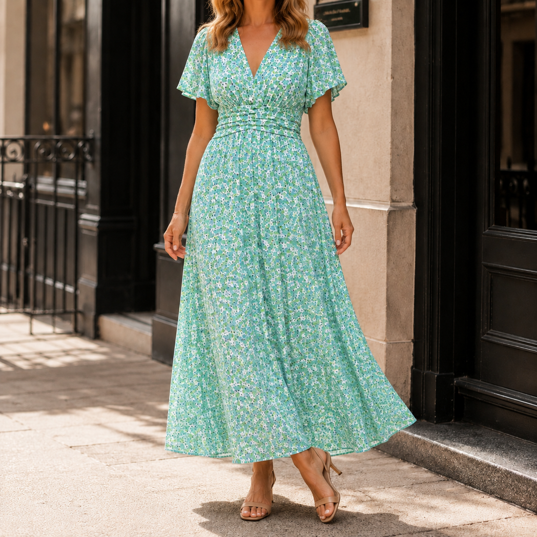 Solene Ruched Maxi Dress - Green