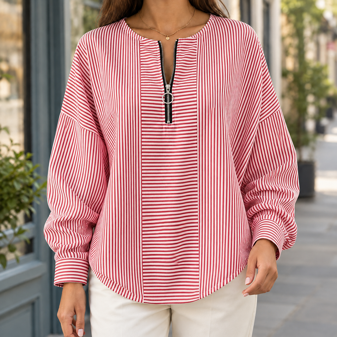 Fenella-Sage Zip Neck Top - Red
