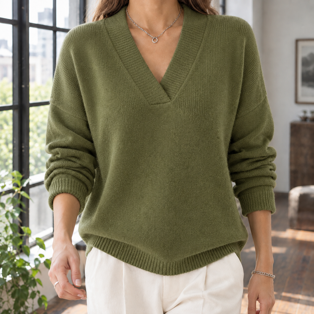 Thalia-June V Neck Sweater - Green