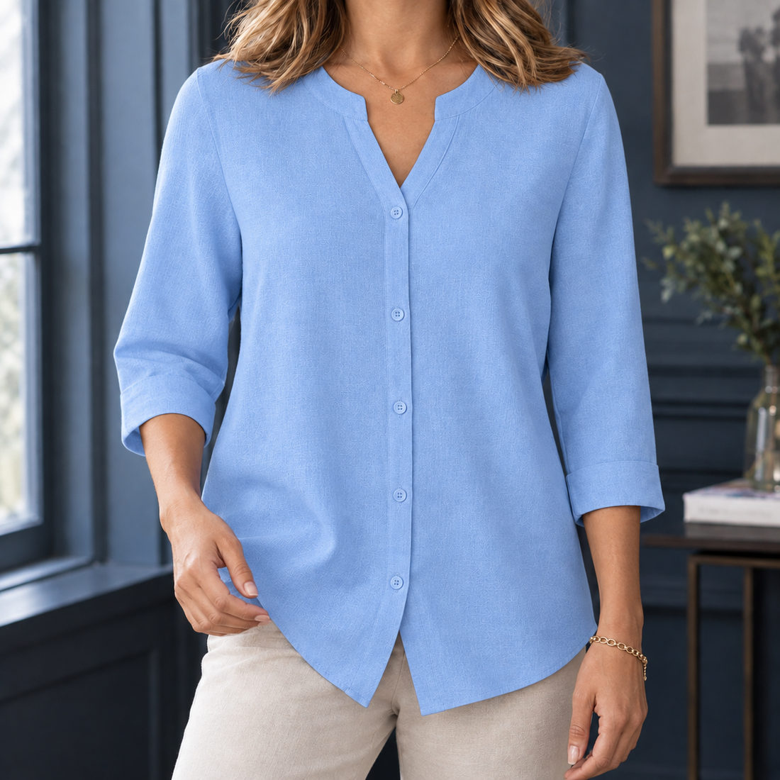 Annabelle Split Neck Top - Light Blue