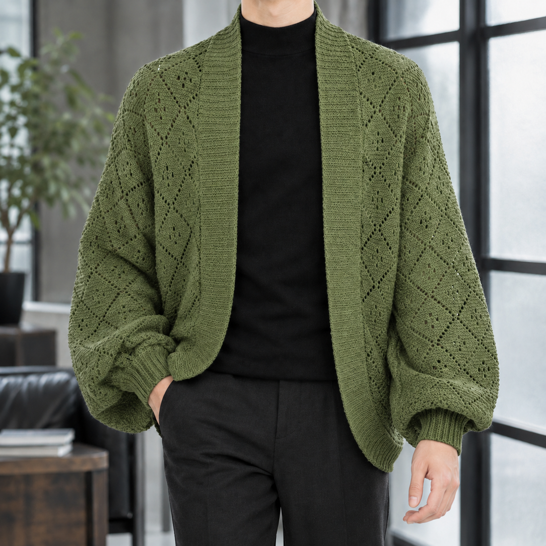 Erasmus Pointelle Cardigan - Army Green