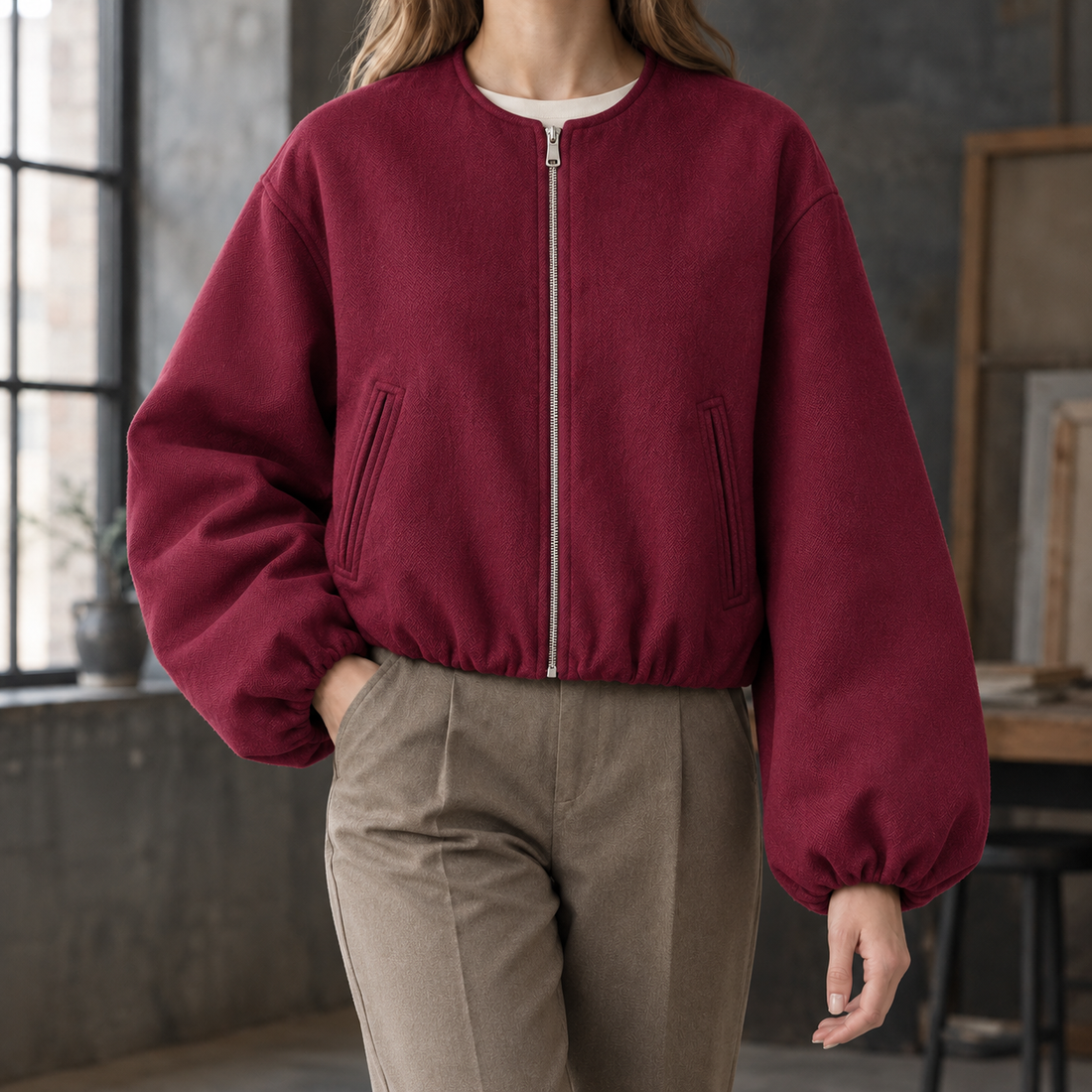 Wendy-Eve Balloon Sleeve Jacket - Wine Red