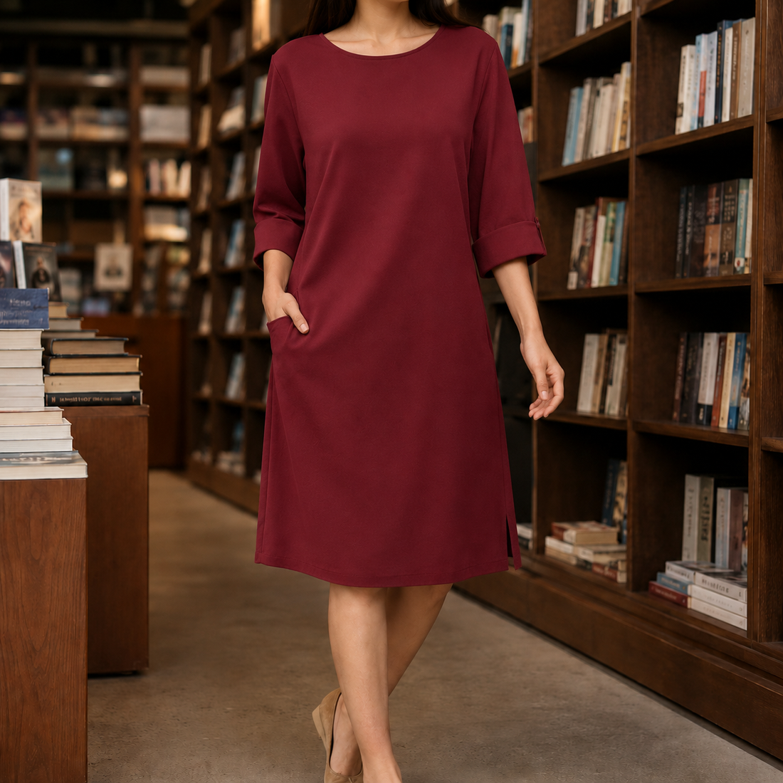 Alina-Lane Relaxed Shift Dress - Claret