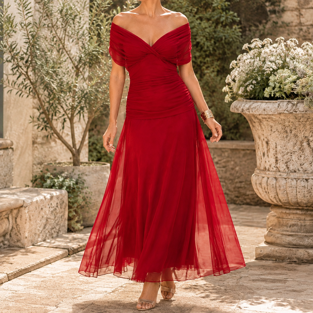 Valeria-Rose Draped Maxi Dress - Red