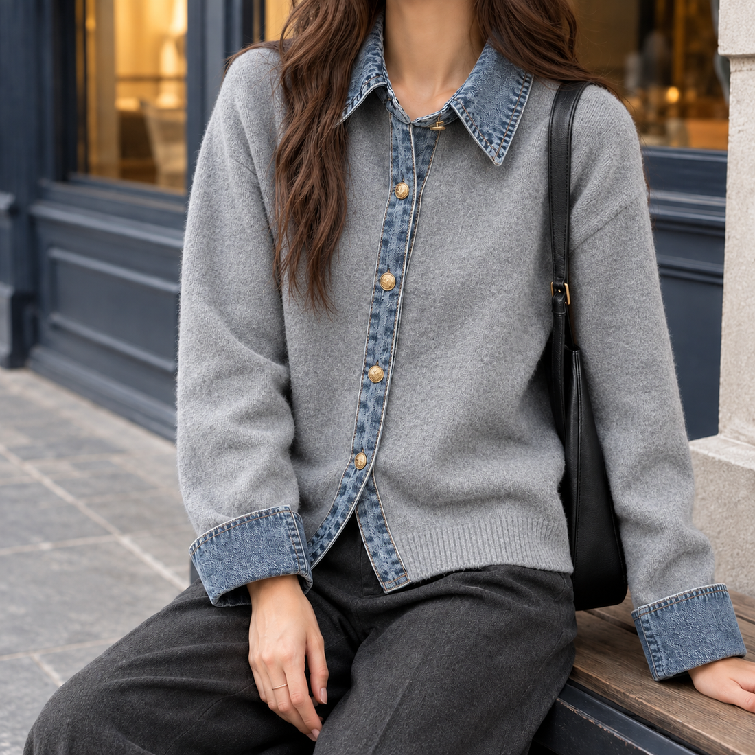 Azalea-Elise Denim Trim Cardigan - Medium Gray