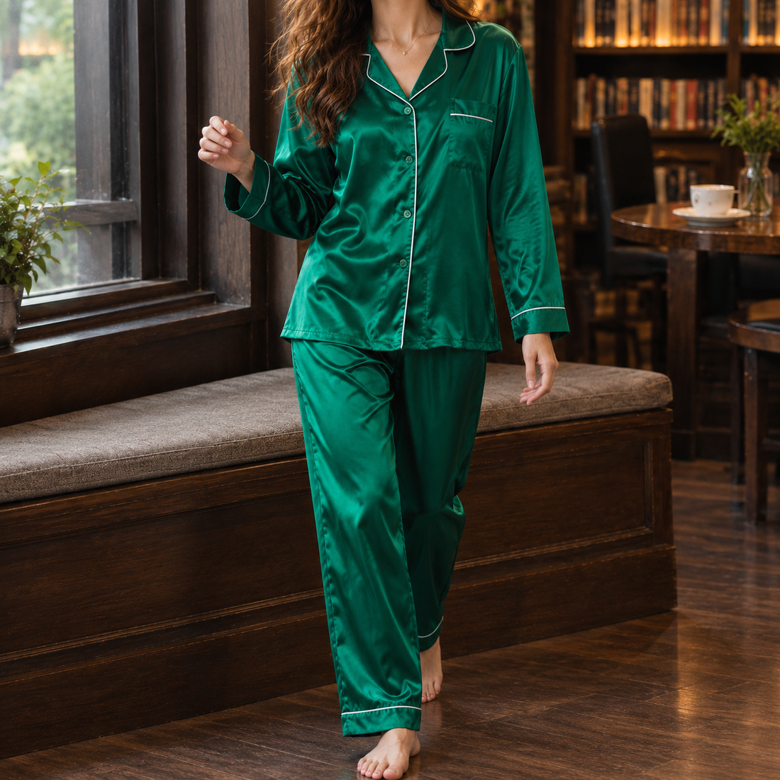 Adriana-Sage Satin Pajama Set - Green