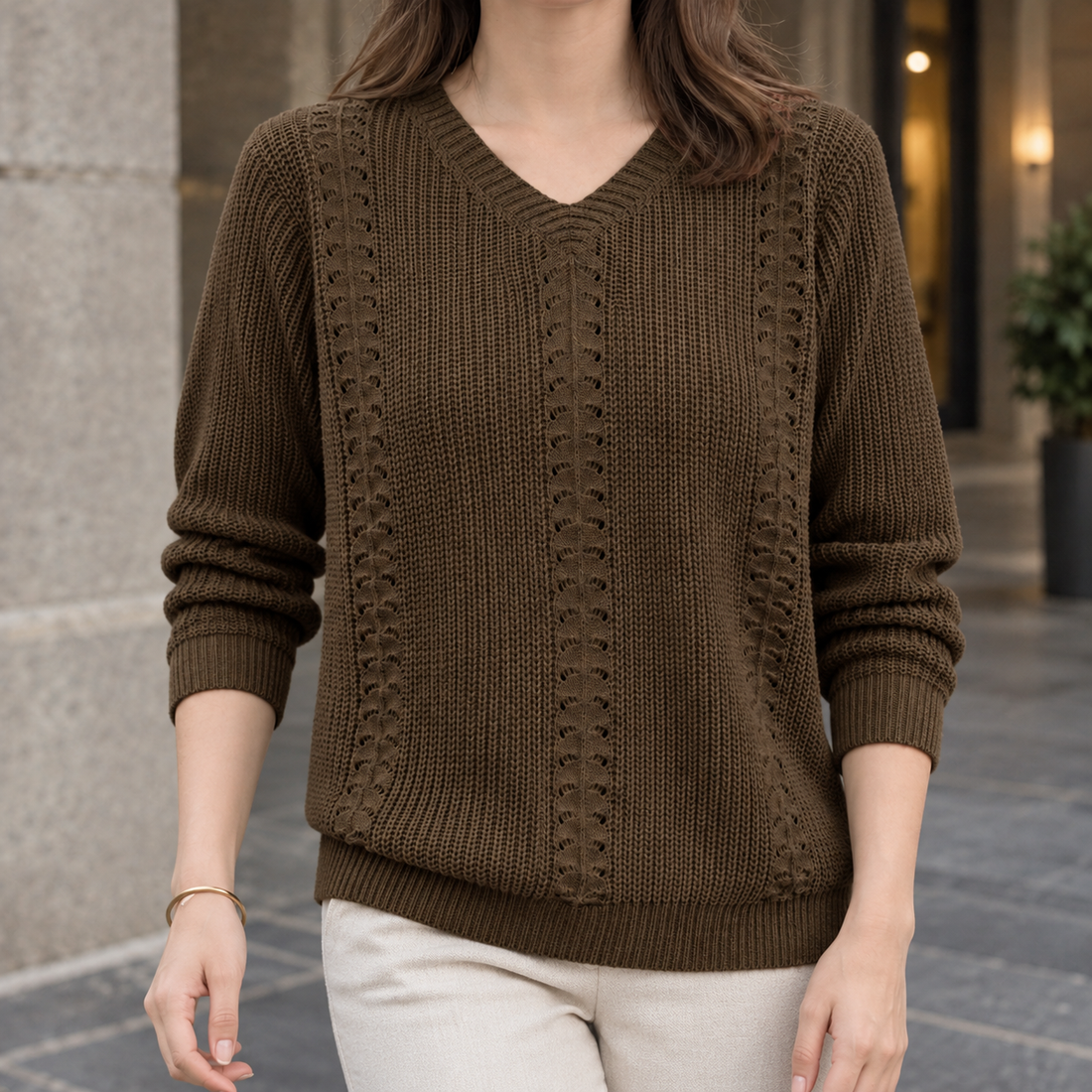 Briony-Pearl V Neck Sweater - Coffee