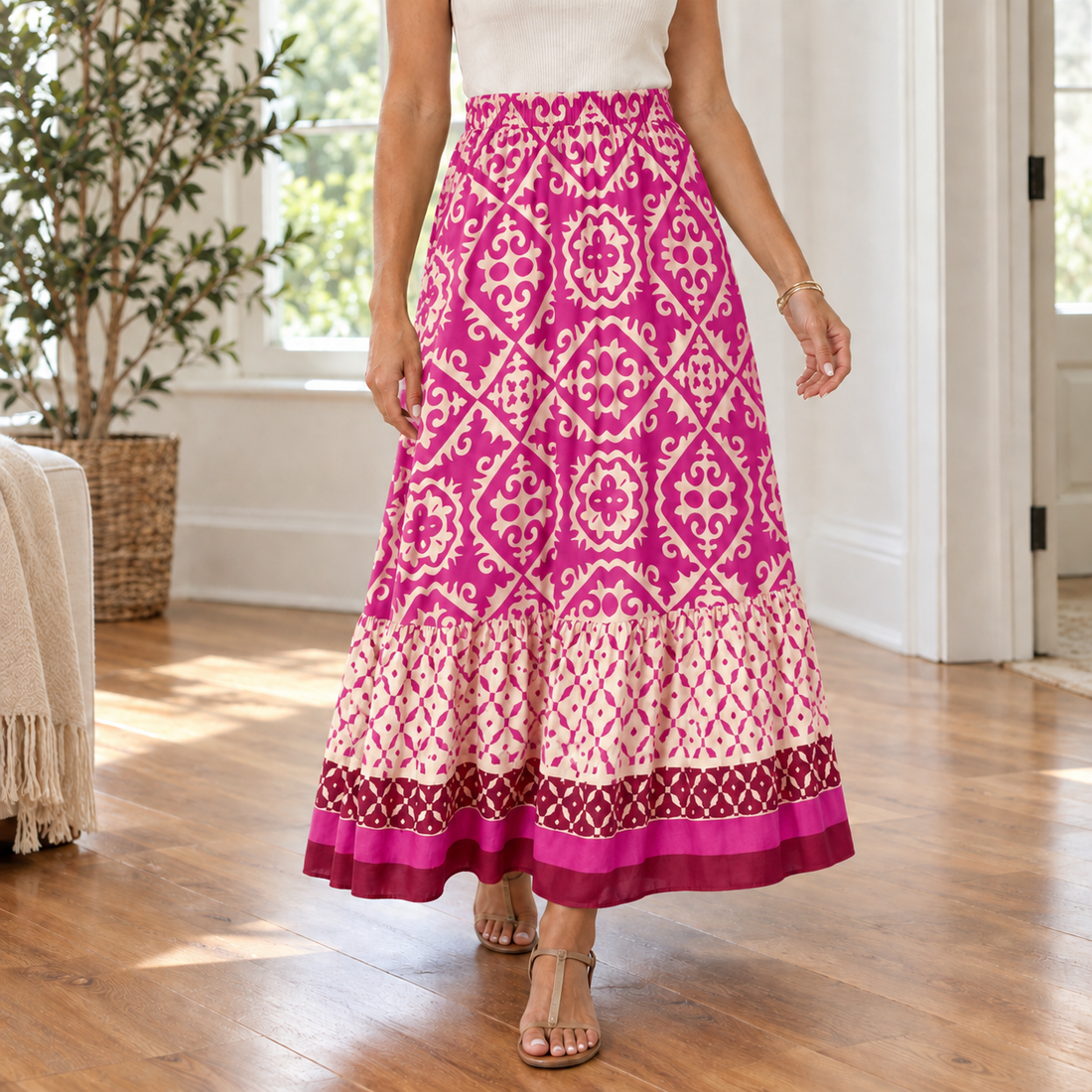 Alma Printed Maxi Skirt - Rose Red