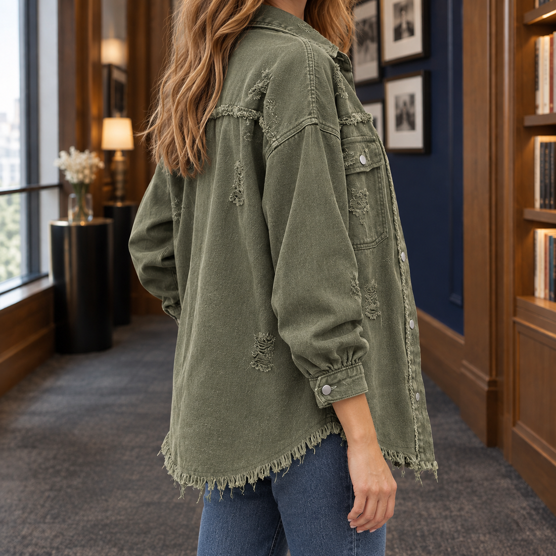 Marguerite-Kate Distressed Overshirt - Olive Green