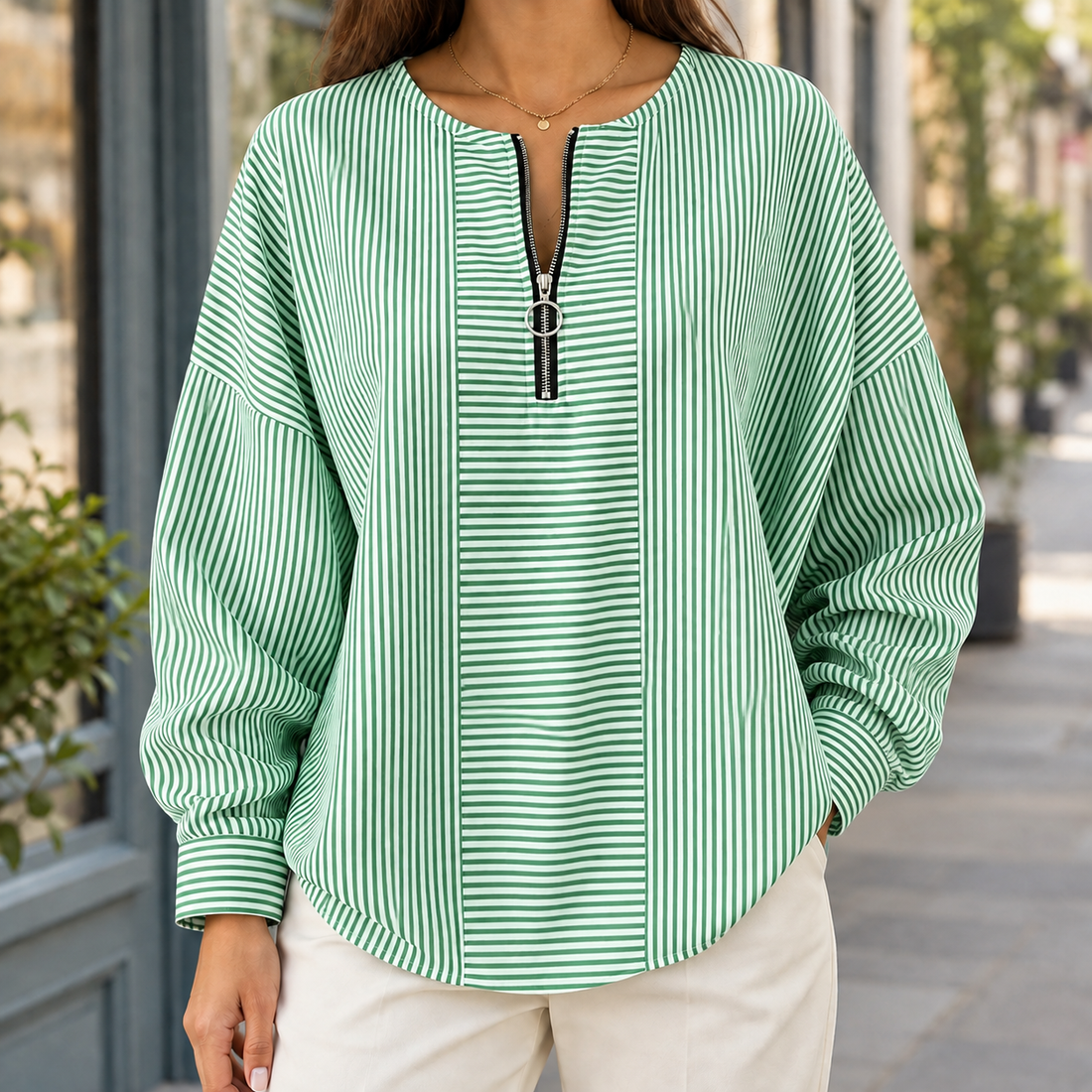 Fenella-Sage Zip Neck Top - Green