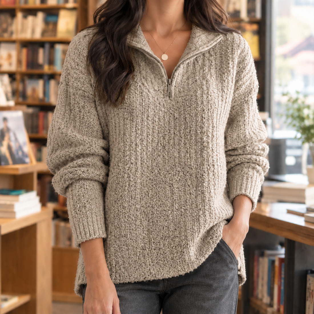 Nora-Jade Half-Zip Sweater - Khaki