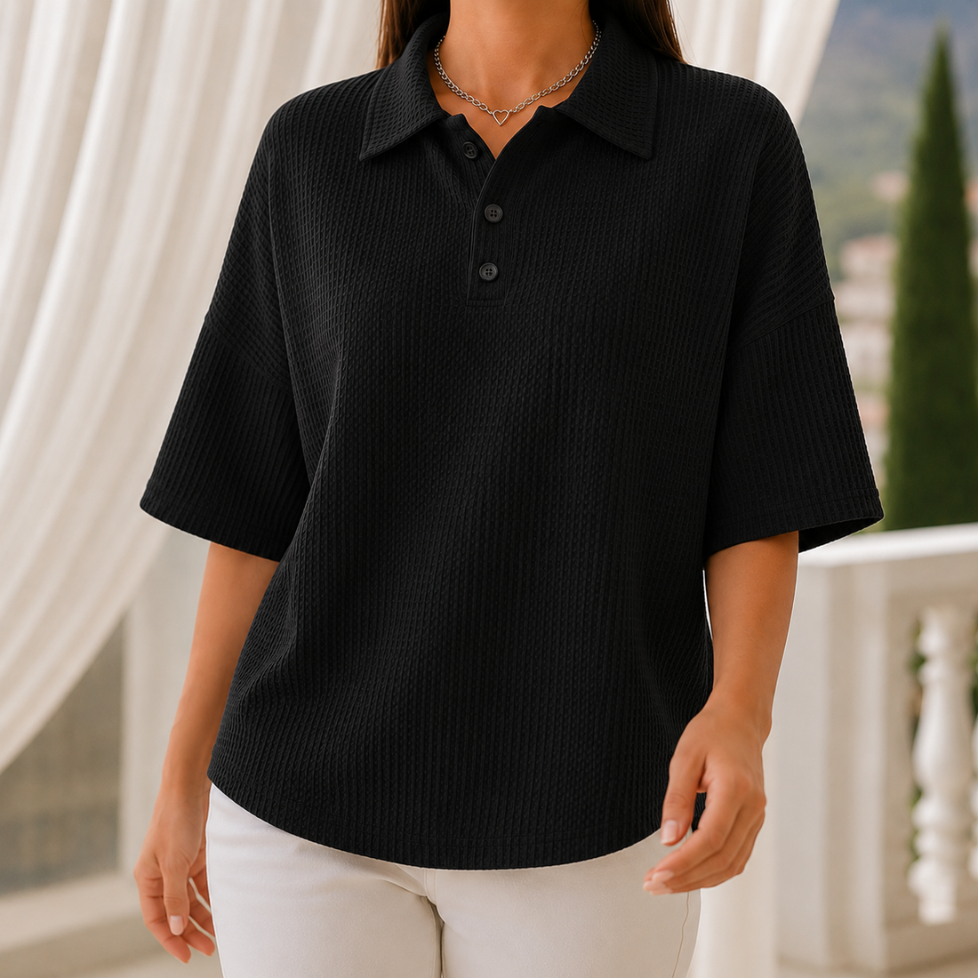 Nerissa Waffle Polo - Black