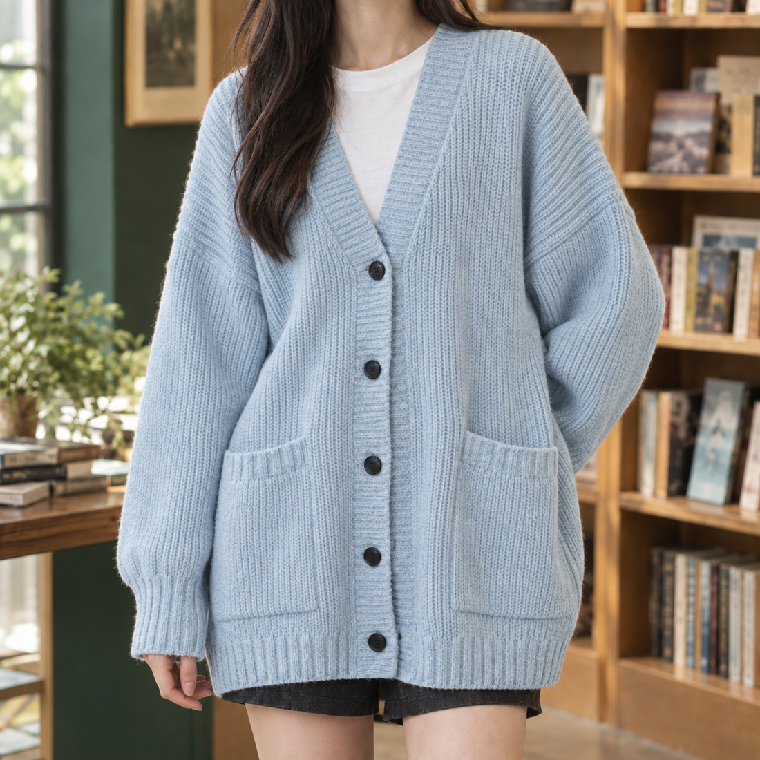 Thalia-Grace Ribbed Cardigan - Light Blue