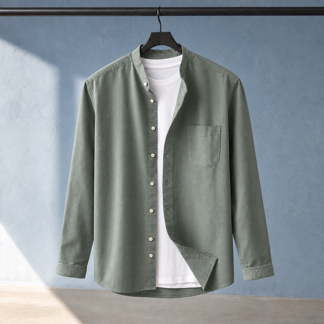 Archambault-Grey Stand Collar Shirt - Army Green