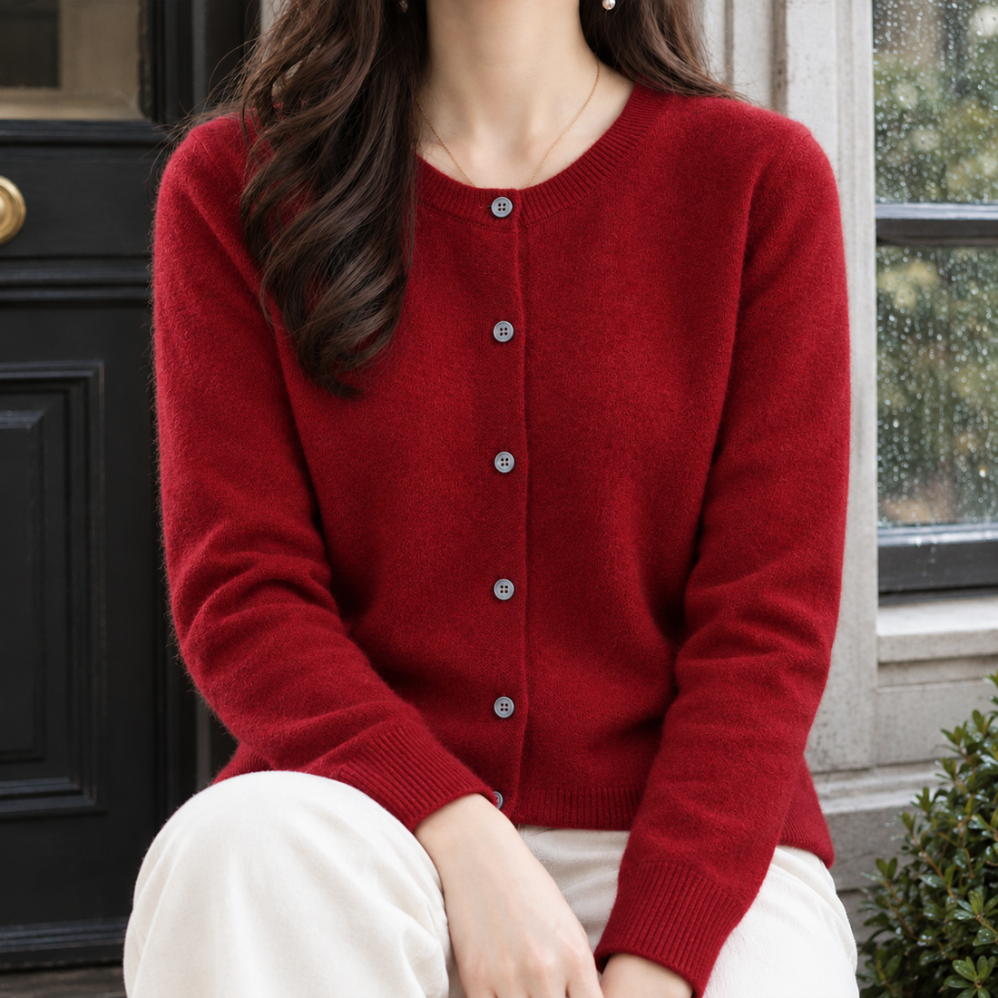 Lorelai-Sage Round Neck Cardigan - Cherry Red