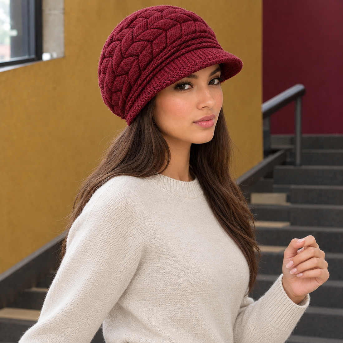 Allington Cable Knit Cap - Wine 2