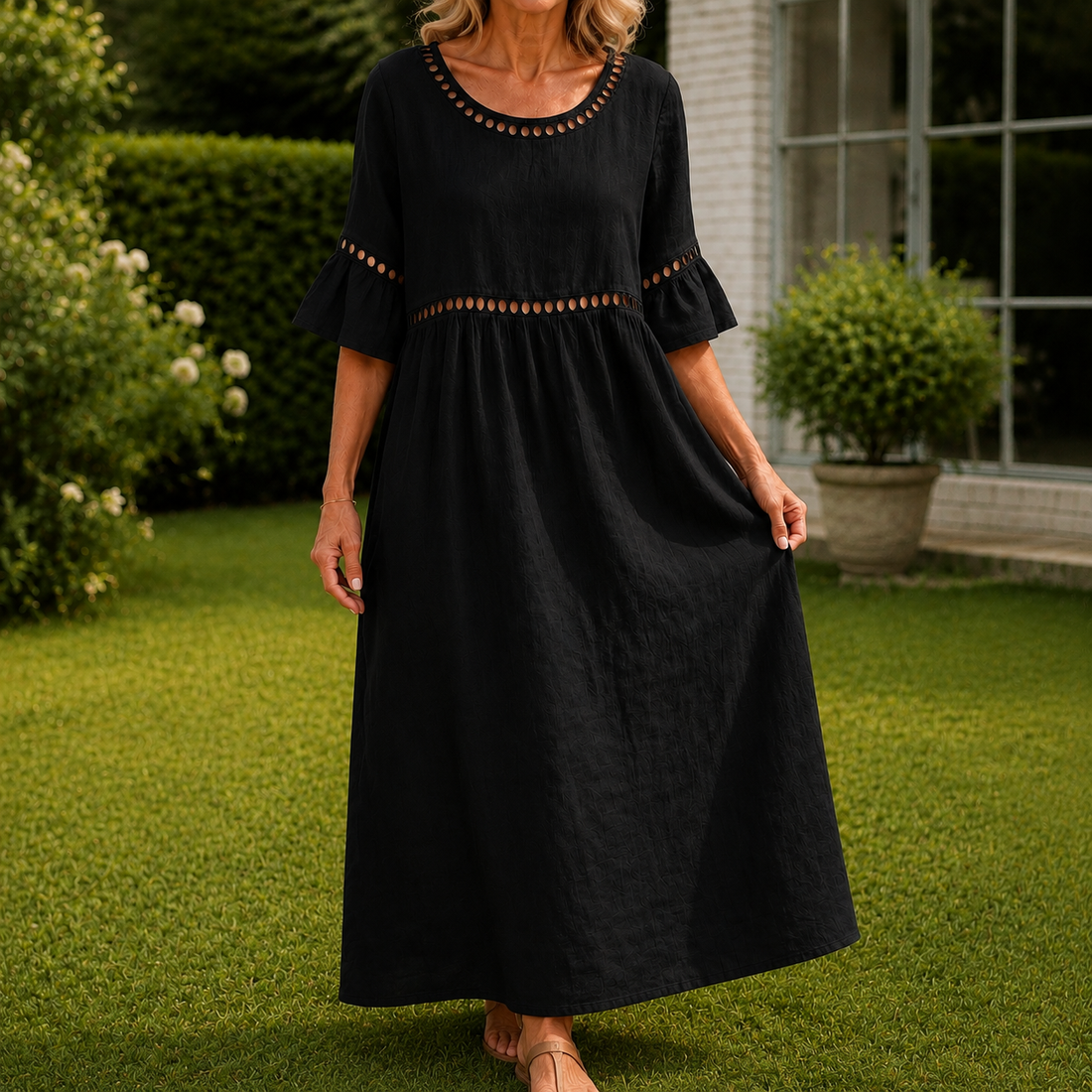 Lydia Eyelet Maxi Dress - Black