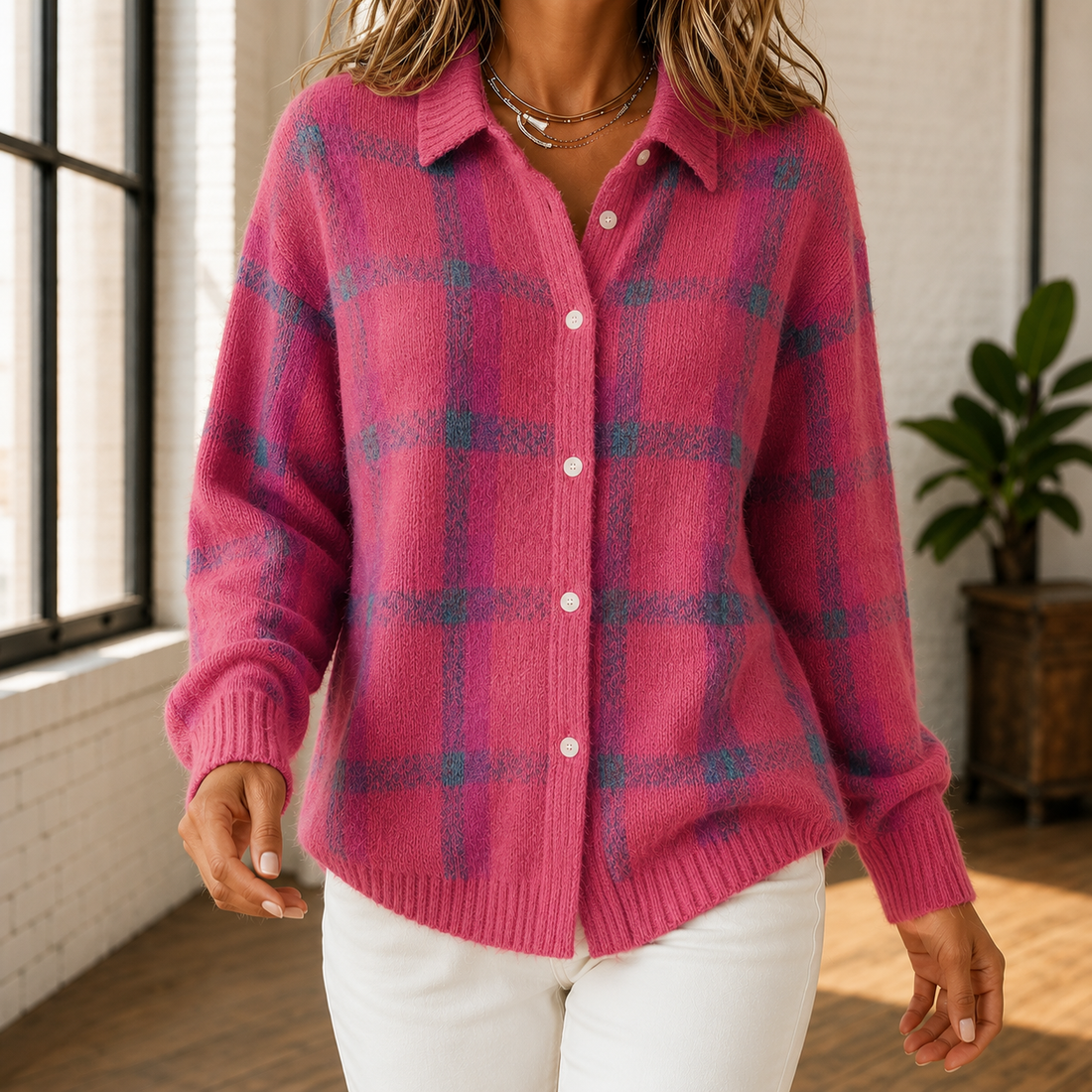 Francesca Plaid Sweater - Pink