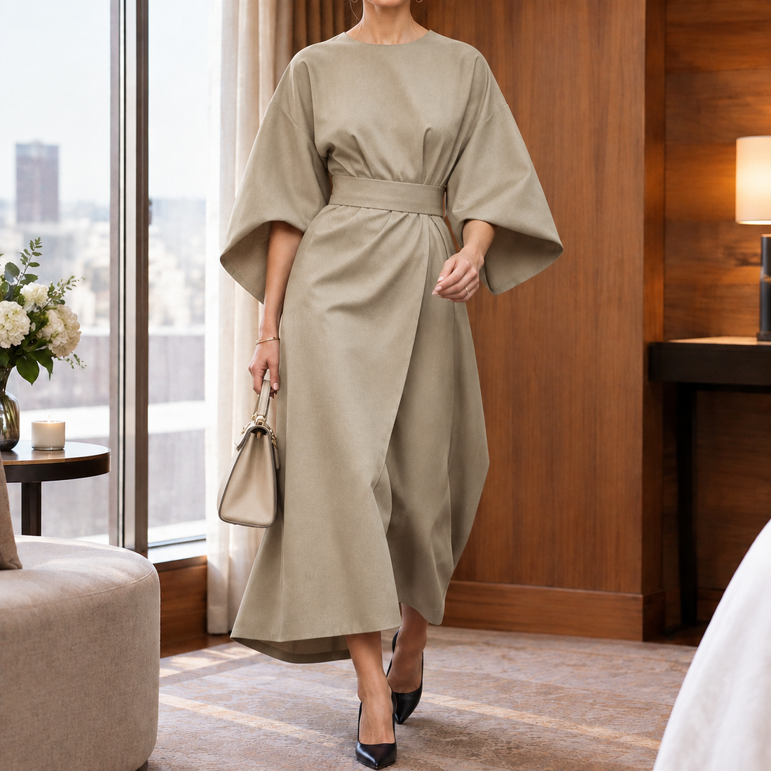 Elodie-Elise Kimono Sleeve Dress - Khaki