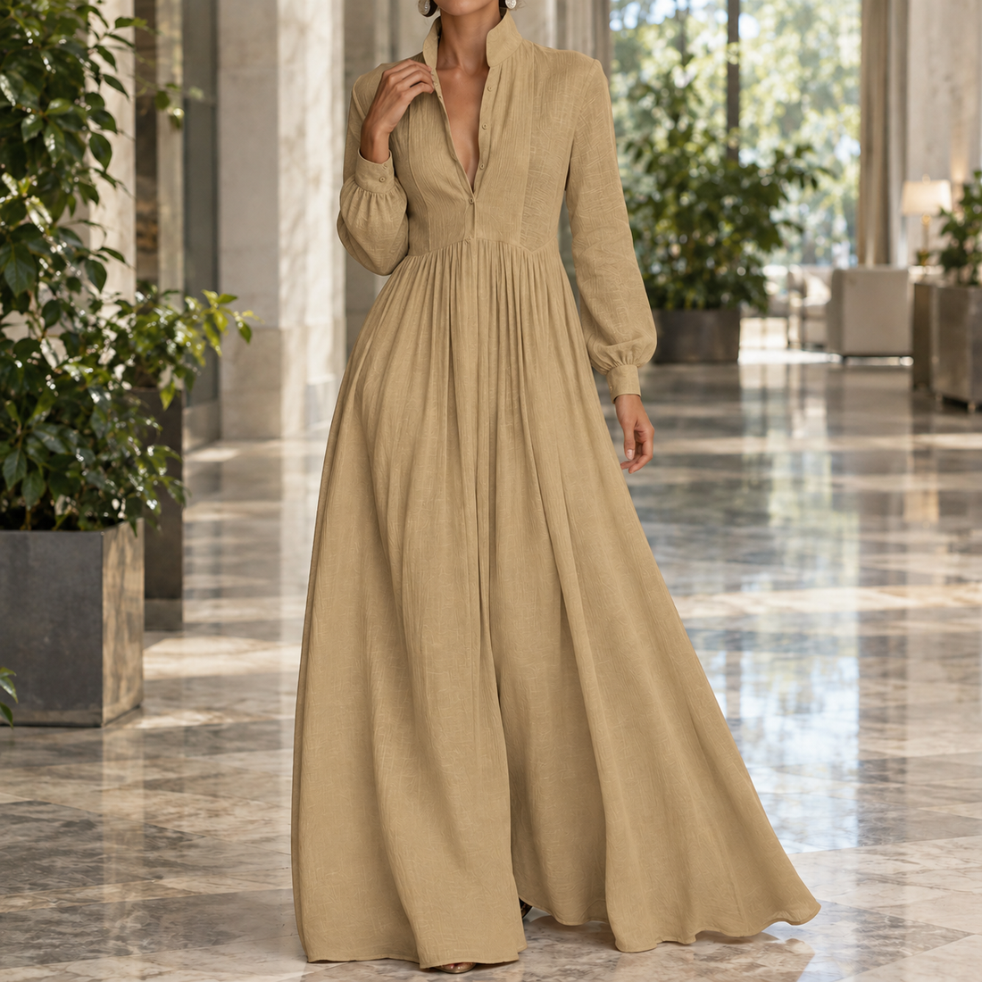 Letitia Gathered Maxi Dress - Light Brown