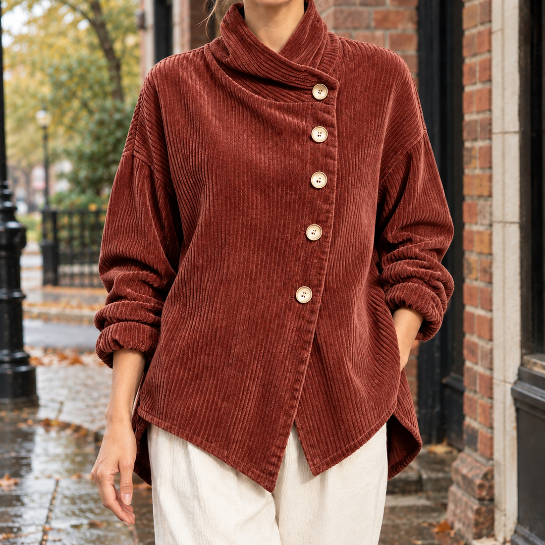 Desiree-Pearl Asymmetric Jacket - Brick Red