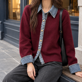 Azalea-Elise Denim Trim Cardigan - Retro Red