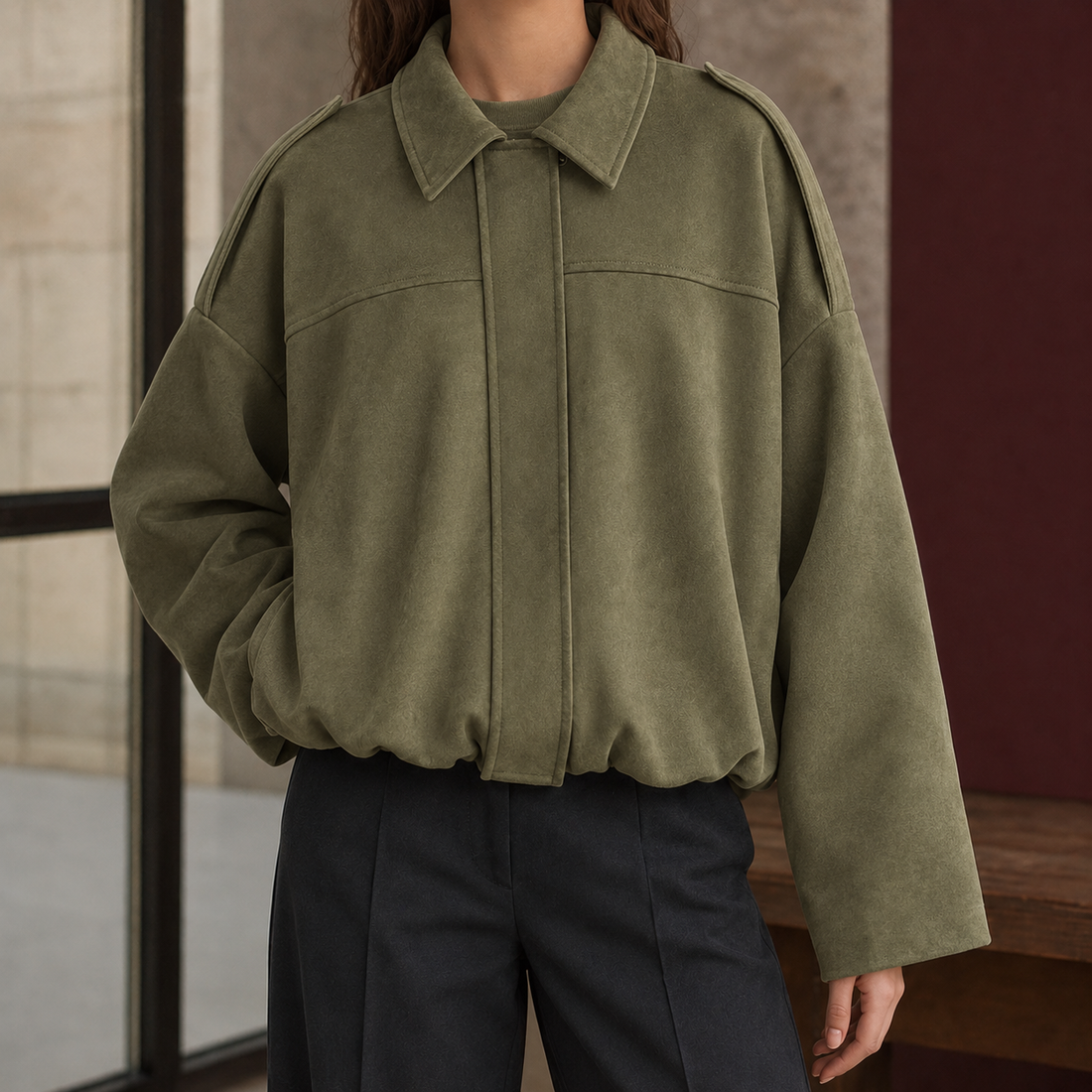Cecilia-Sage Suede Bomber Jacket - Army Green