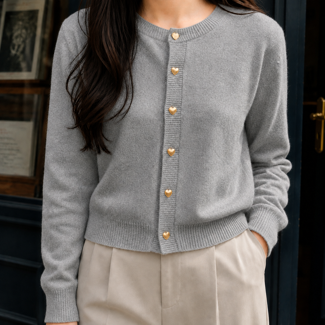 Marcella Heart Button Sweater - Gray