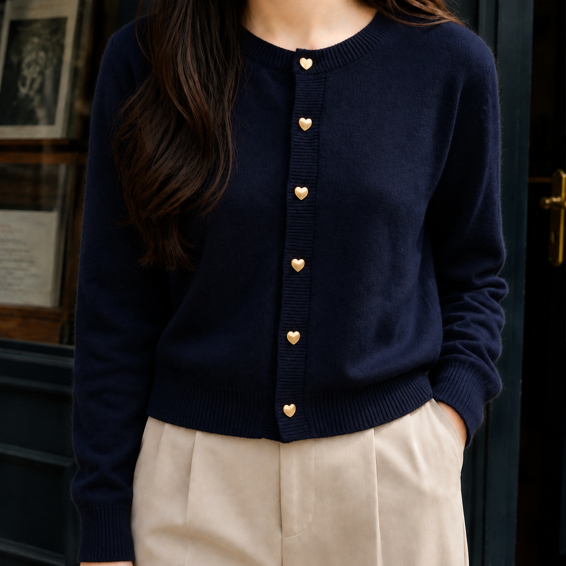 Marcella Heart Button Sweater - Navy Blue