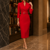 Rosalie Belted Midi Dress - Red